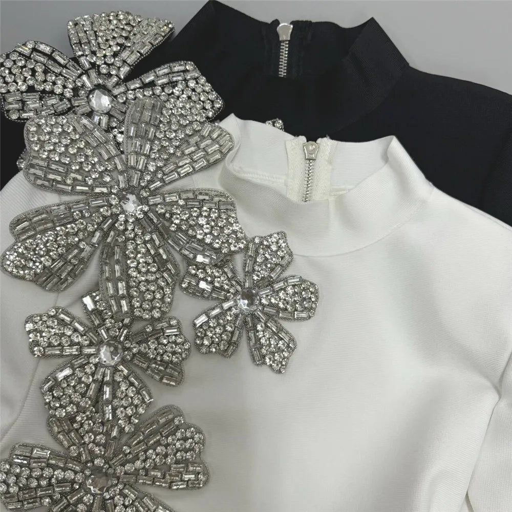 2024 Sexy Women's Bandage Skirt Set Stand up Collar Long Sleeve Nail Bead Water Diamond Short Top+Long Dress Two Piece Set