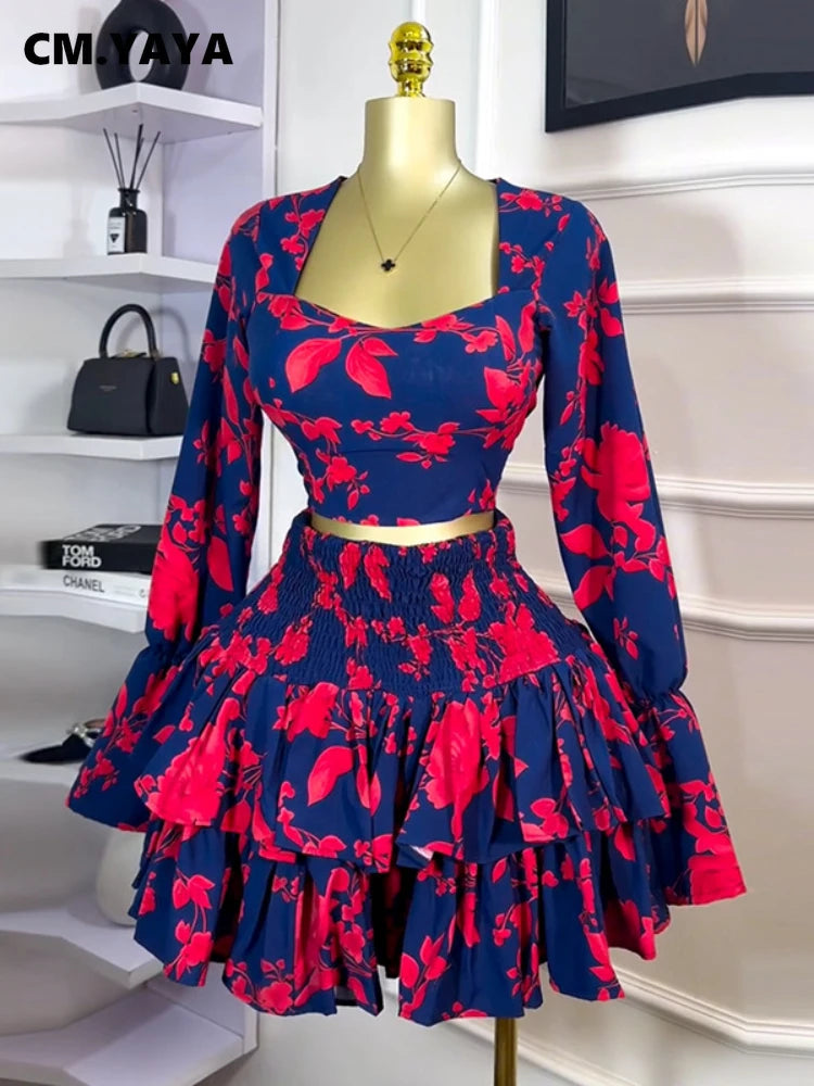 Beach Women Set Street Print Long Sleeve Shirts + Pleated Ruffles Mini Skirts Suits 2025 Party Street Two 2 Piece Sets