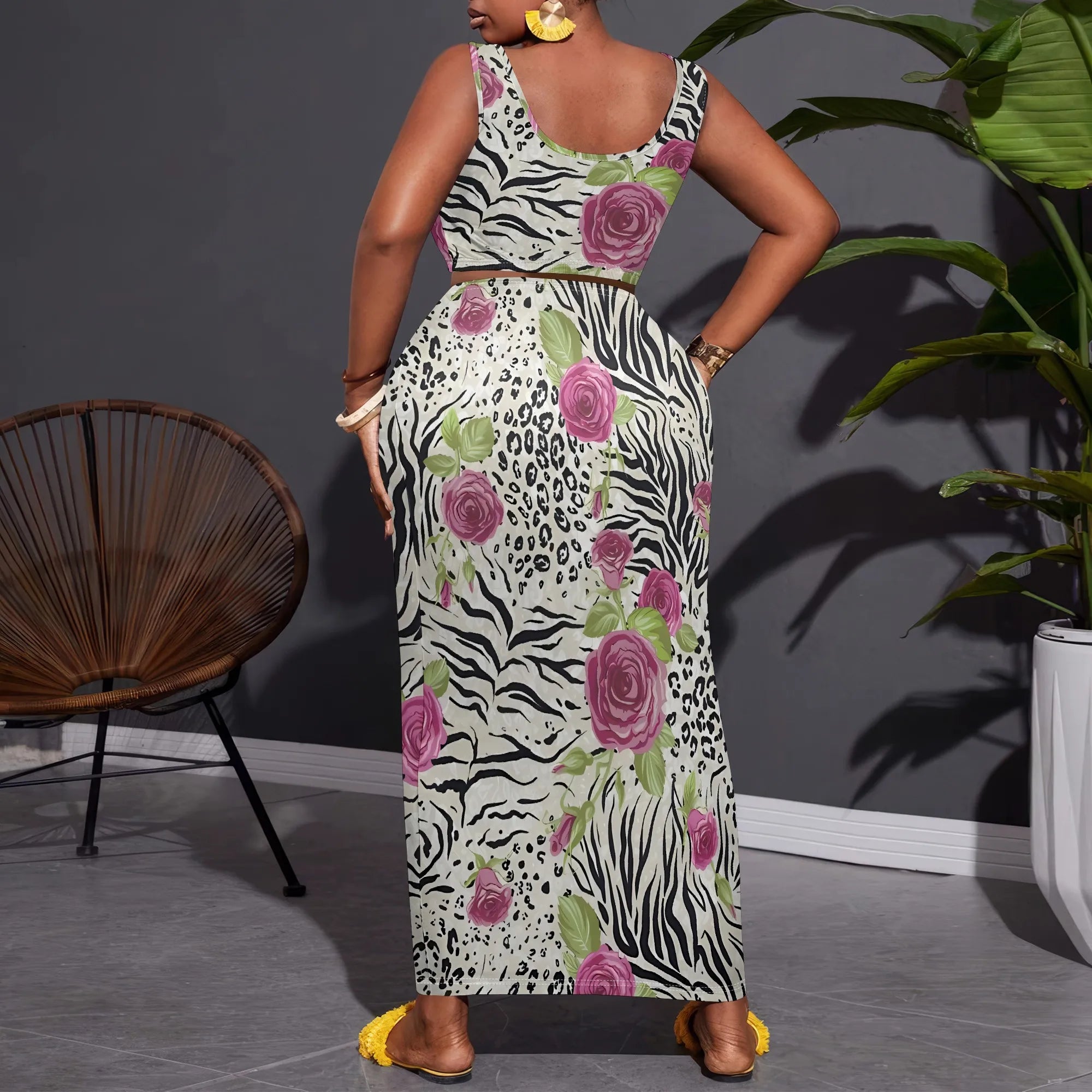 Nupusa Rose & Zebra Print Two - Piece Set for Women Plus Size Summer Casual Sleeveless Crop Top & Maxi Skirt Outfit