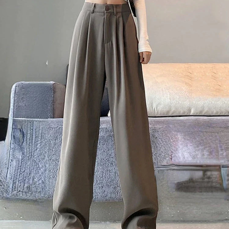Summer Ice Silk Wide Trousers for Women Loose White Thin Straight Pants Elegant Office Women Baggy Stacked Pants Sweatpants Khaki