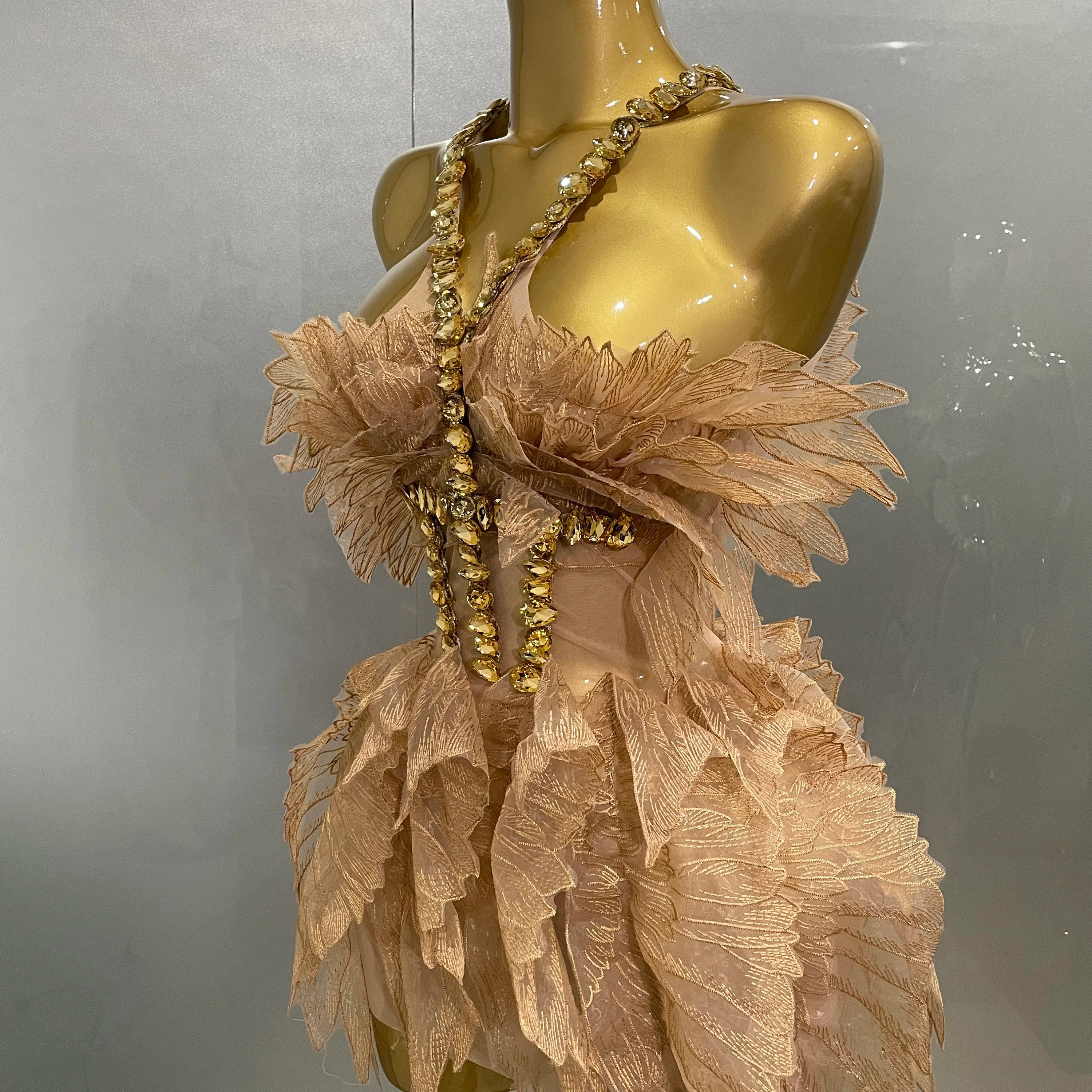 Sexy Shining Gold Crystal Transparent Wings Mini Dress 2025 Women Birthday Party Bar Nightclub Singer Stage Performance Costume