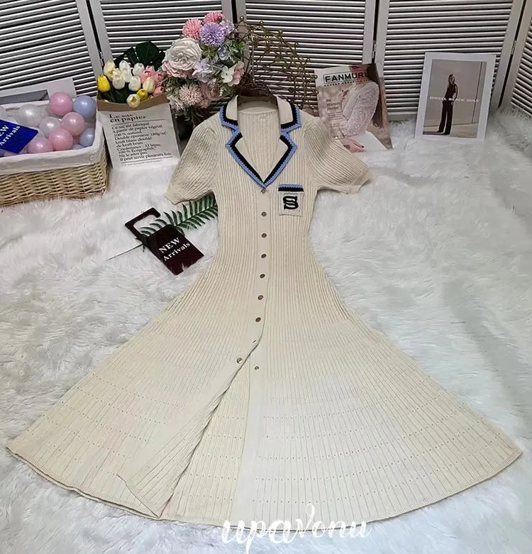 Elegant Women's Slim Fit Knitted Dress Fashionable Polo Neck Short Sleeve Single breasted Design Split Knitted Mid length Dress Apricot