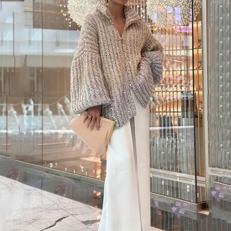 Sequin Knitted Women's Sweater Autumn Bishop Sleeve Zippers Loose Casual Sweaters Female 2024 Lady Stand Collar Outerwear Gold