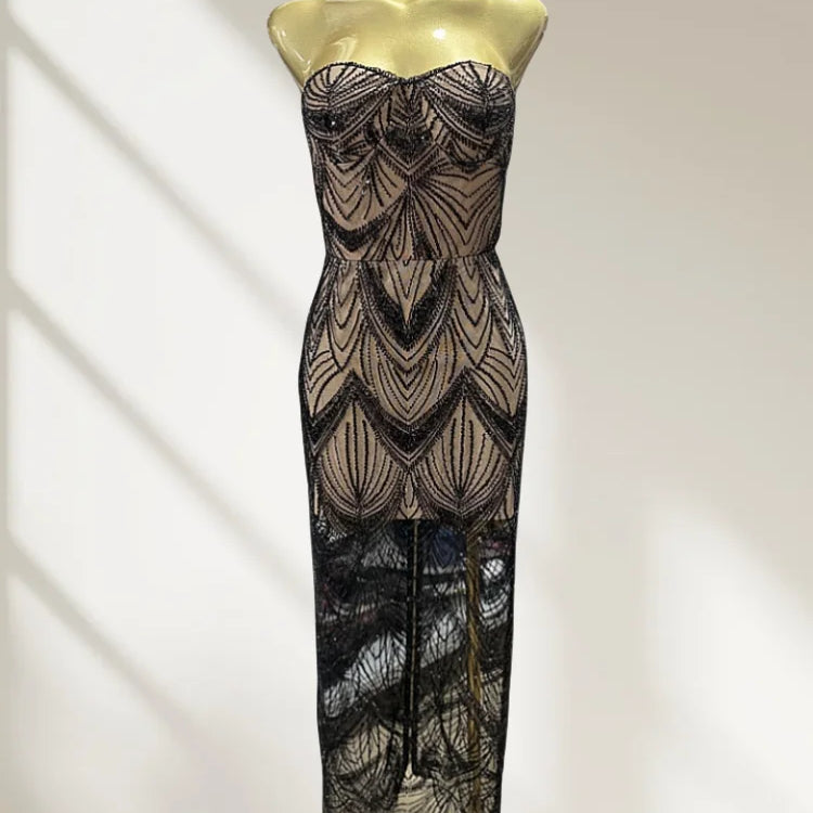 Shining Black Sequins Sexy Mesh See Through Straplerss Ankle Length Dress Woman Birthday Party Dress Celebrity Party Vestido