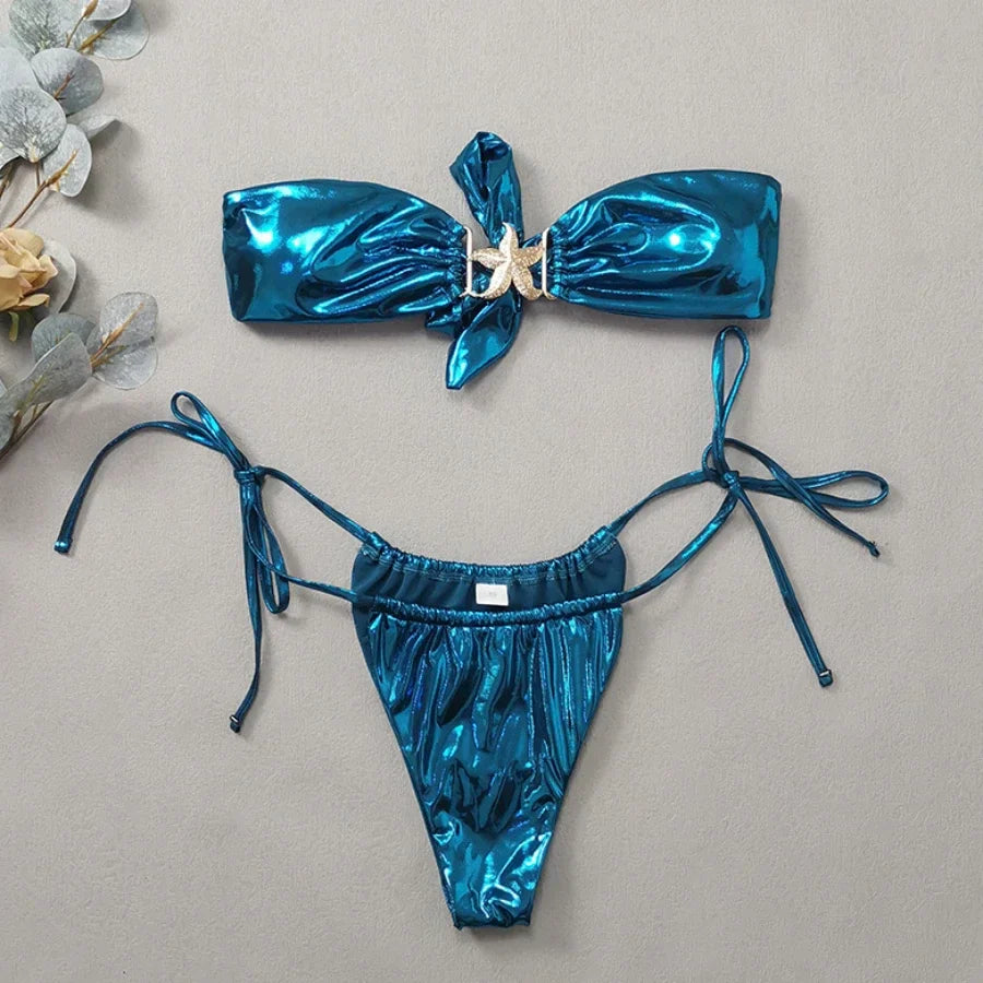 Gem Blue Glossy Bikini Women's Clothing Swimsuit Summer Beach Vacation Outfits Thong Bathing Suit Bandeau Backless Swimwear