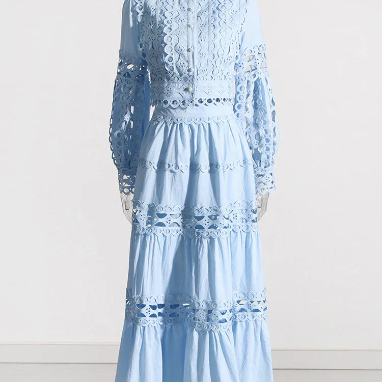 Elegant Two Piece Sets For Women Stand Collar Lantern Sleeve Tops High Waist Skirt Hollow Out Set Female Clothing BLUE