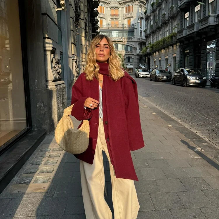 New Fashion Burgundy Red Woolen Suit Jacket With Scarf Collar Women Chic Oversized Flip Pockets Solid Coats Lady Streetwear