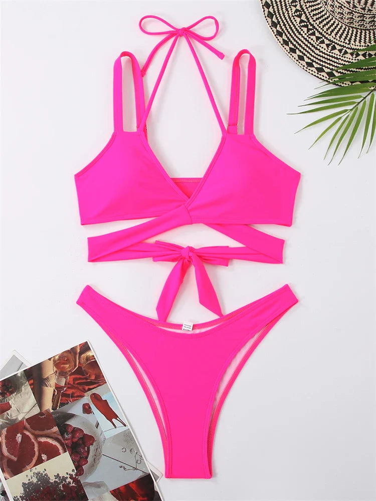 Bikini Women Swimsuit New Solid Sling Lace Up Bikinis Set Sexy Thong Swimwear Summer Two Piece Beach Bathing Suit Female Pink