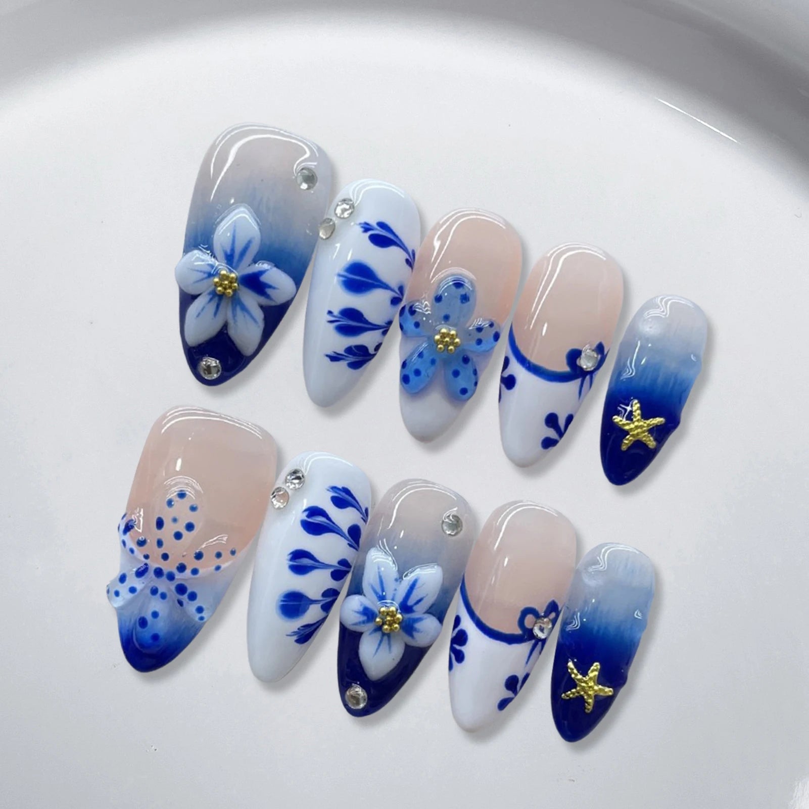 Ocean Series Fake Nail 10pcs Handmade 3d Colored Press On Nails Pearl And Buterfaly Design Almond False Nail Patches Deachable