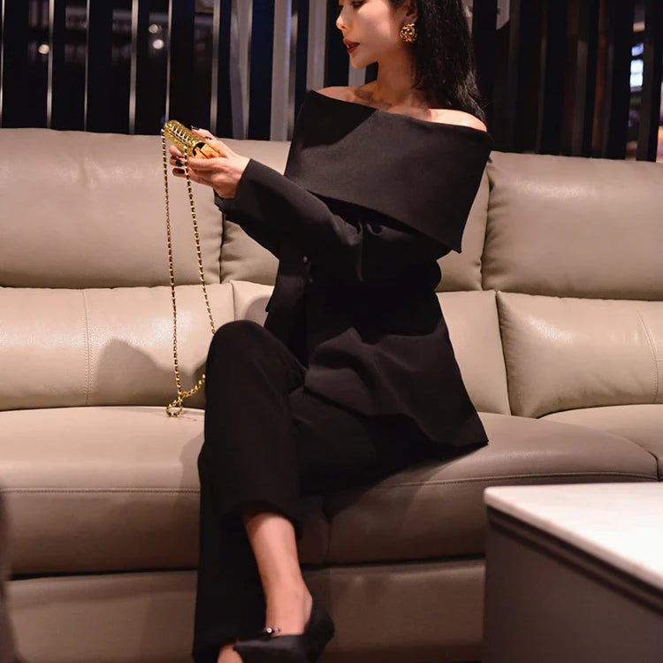 Slash Neck Chic Blazers For Women Off Shoulder Long Sleeve Patchwork Single Button Solid Coat Female Clothes 2022