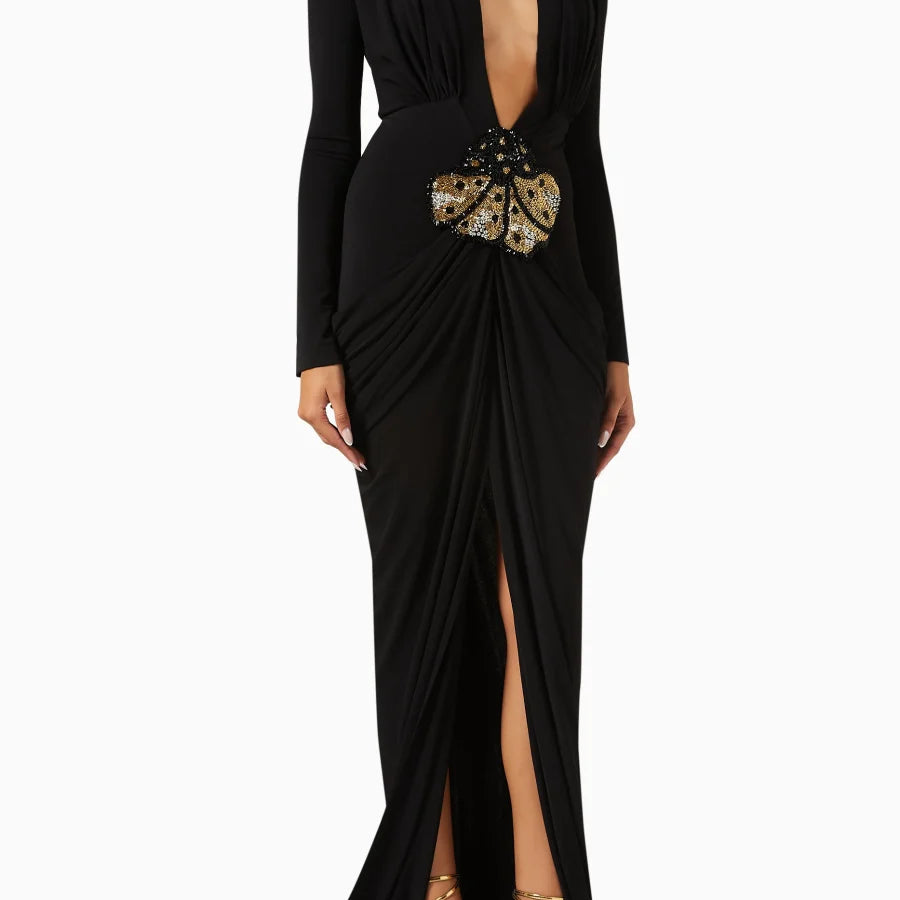 2025 New Spring Women Long Sleeve Deep V-Neck Bodycon Long Dress Elegant Evening Party Celebrate Cocktail Outfit Vestido black