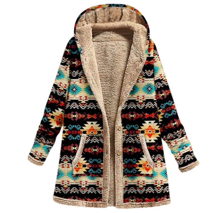 Print Casual Women Coat Vintage Hooded Overcoat Female Fashion Warm Long Sleeve Coats Ladies Plush Jacket Autumn Winter Black