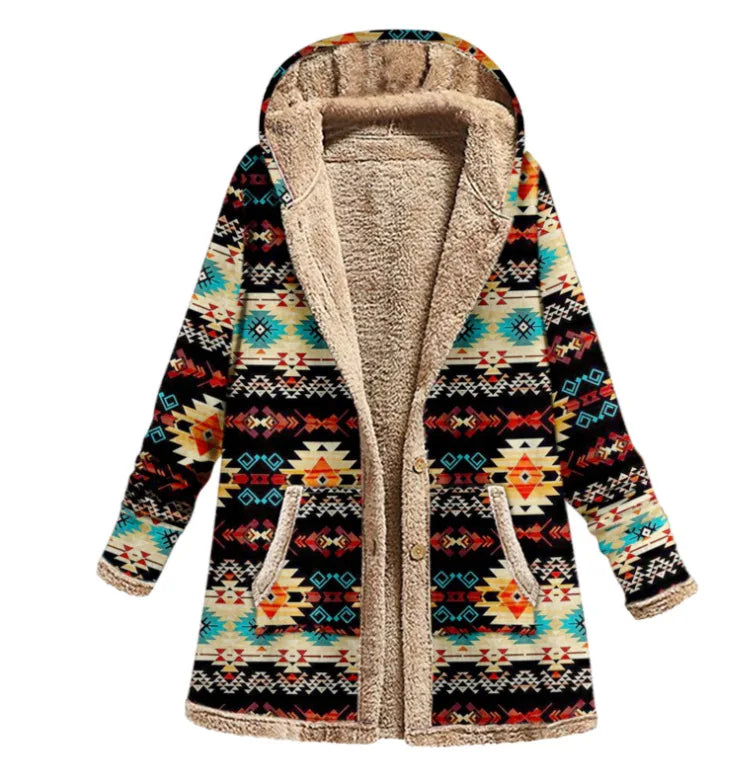 Print Casual Women Coat Vintage Hooded Overcoat Female Fashion Warm Long Sleeve Coats Ladies Plush Jacket Autumn Winter Black