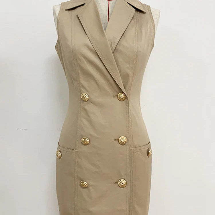 Top Newest Stylish Summer Designer Women's Sleeveless Notched Collar Double Breasted Lion Buttons Mini Cotton Dres