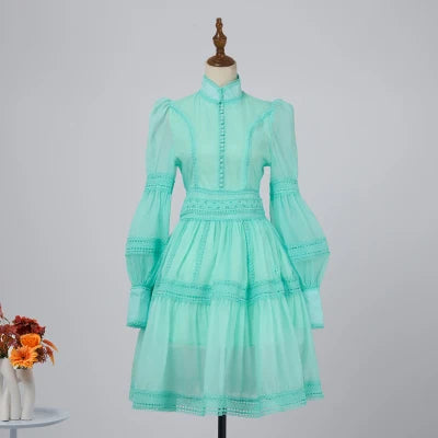 Runway Designer Embroidery Lace Patchwork Party Night Dress High Lantern Sleeve Stand A Line Vintage Elegant Dress light green