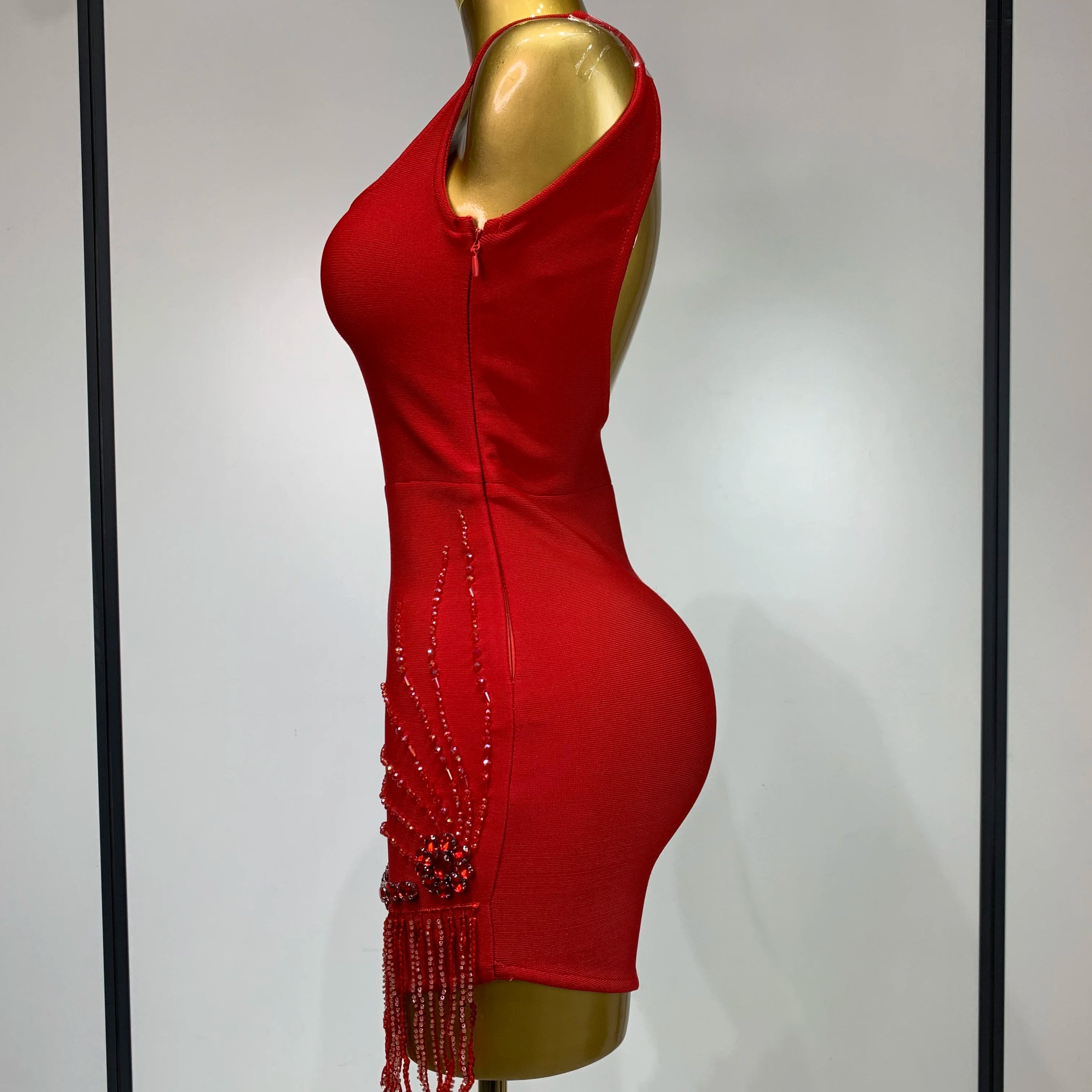 Women Sexy Sleeveless Bandage Dresses Fashion Beading Tassel Clothes Club Evening Party Birthday Elegant Bodycon Dresses