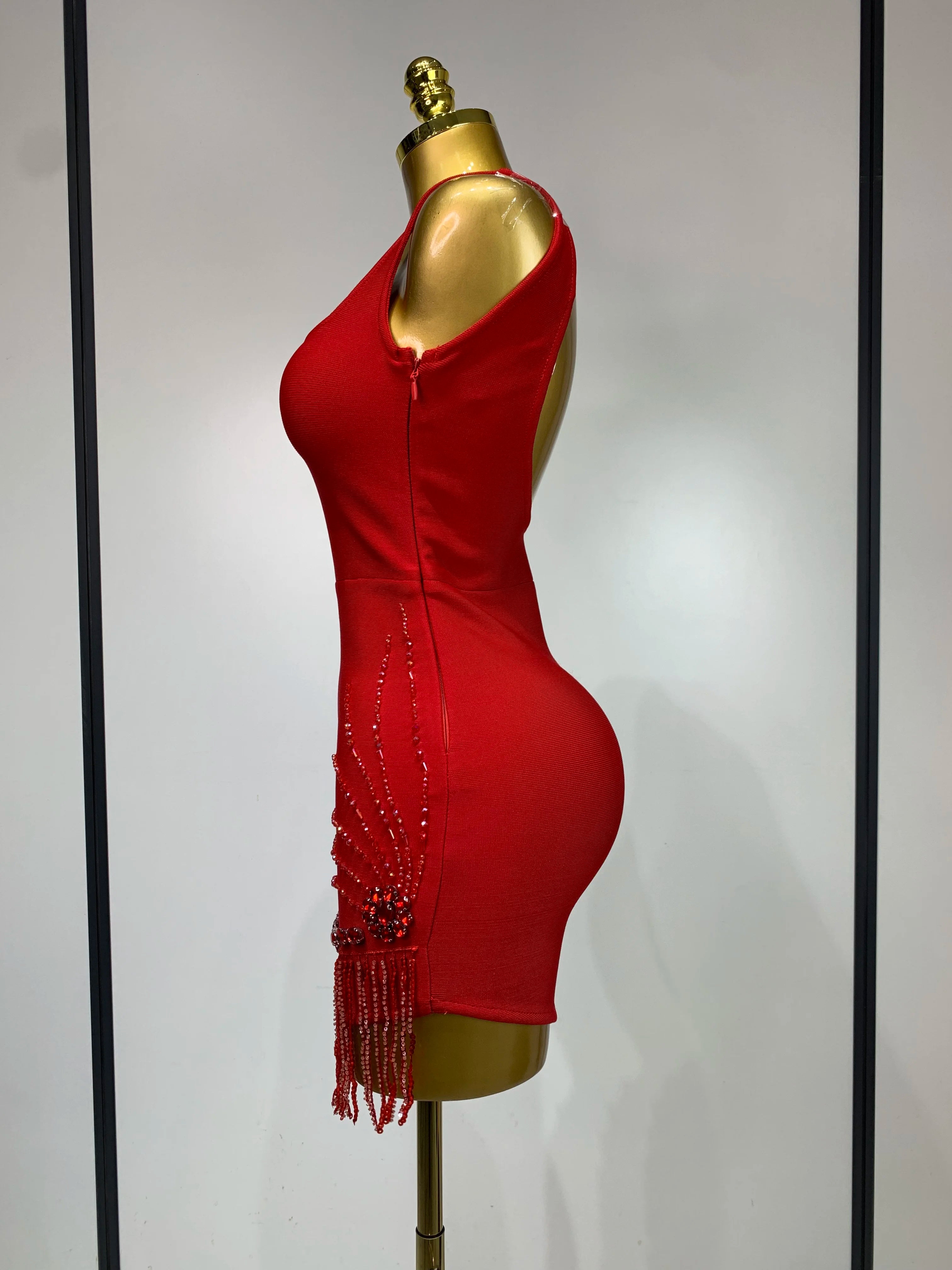 Women Sexy Sleeveless Bandage Dresses Fashion Beading Tassel Clothes Club Evening Party Birthday Elegant Bodycon Dresses
