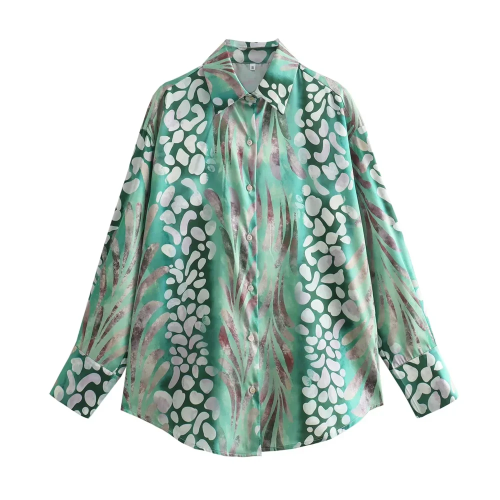 Taop&Za Women's Elegant Silk Texture Printed Long sleeved Shirt/High Waist Printed Half skirt Long skirt green shirt