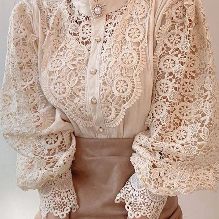 Women Chiffon Button Turtleneck Shirt Chic Elegant Floral Lace Fluffy Long Sleeve Top Fashion Hollow Oversize White Blouse 2024