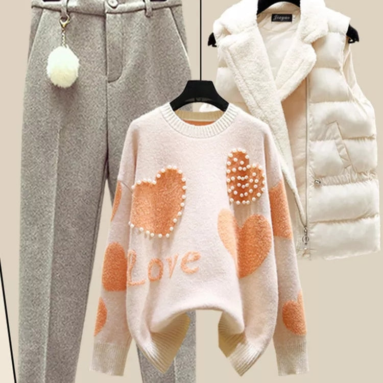 Winter New Warm Sweater 3 piece set Women Korean Fashion Sweet Heart-shaped beaded Sweater +Lamb wool vest +Pants Suits