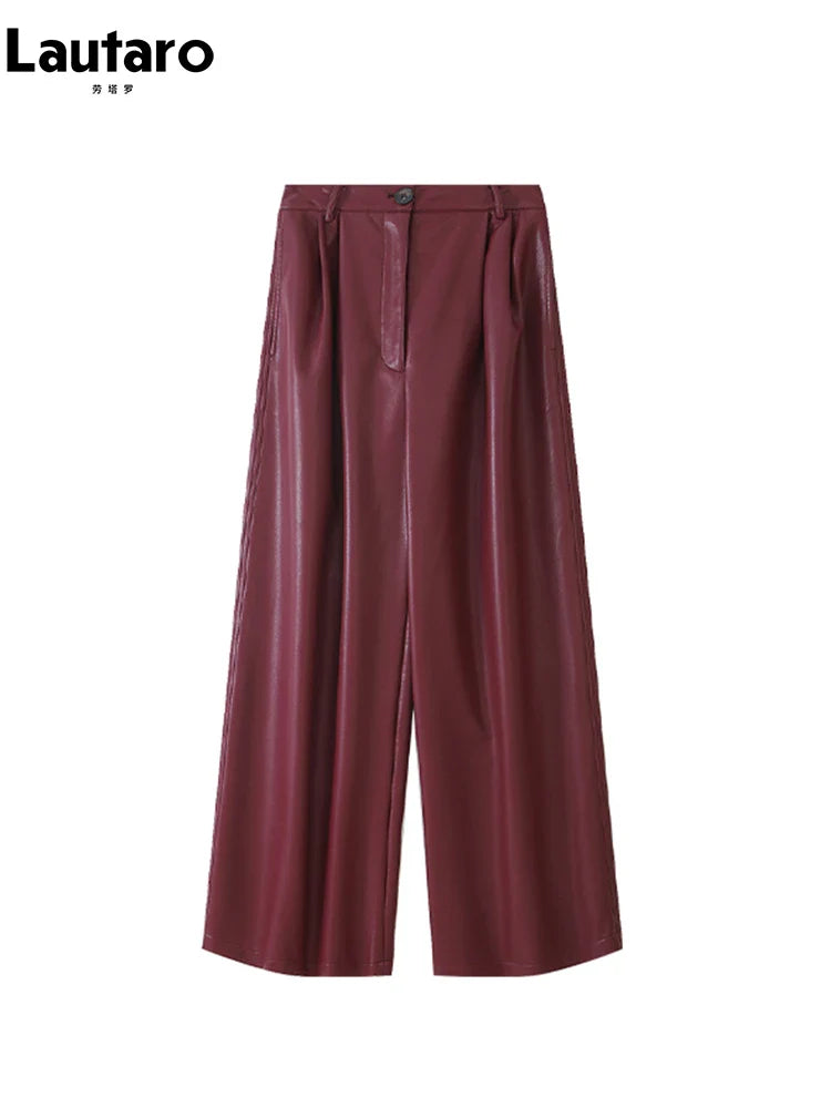 Spring Autumn Loose Casual Soft Black Burgundy Pu Leather Wide Leg Pants for Women High Waist Korean Style Fashion 2023