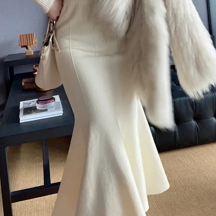 Women's Skirts Autumn Winter Fashion Knitted Long Skirts for Women Green Vintage Slim Korean Style A-LINE Fishtail Skirt