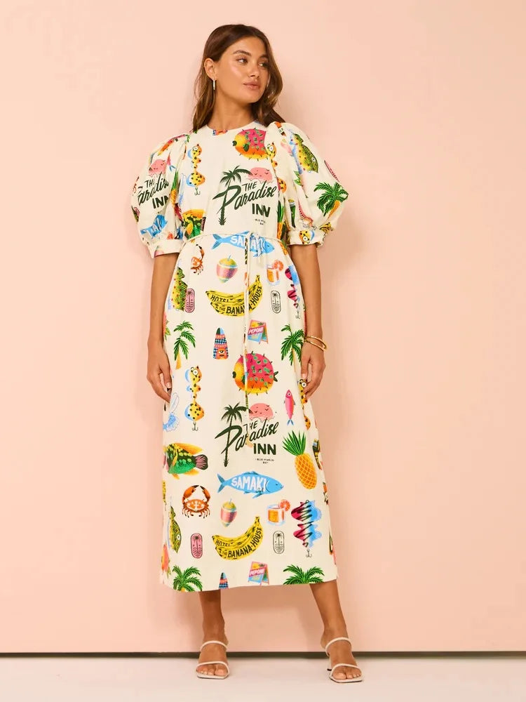 Women Hawaii Holiday Print Long Dress Short Sleeve Sashes Empire Waist Loose Vintage Retro Ladies Summer Beach Drsses NEW