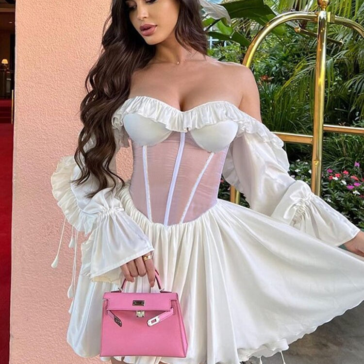 Red Printed Sexy Perspective Show Waist Lace Long Sleeve Mini Dress For Women Summer Beach Dresses Vestidos