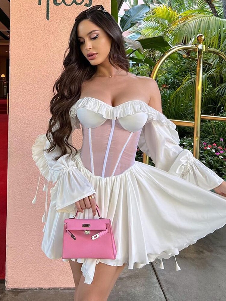 Red Printed Sexy Perspective Show Waist Lace Long Sleeve Mini Dress For Women Summer Beach Dresses Vestidos