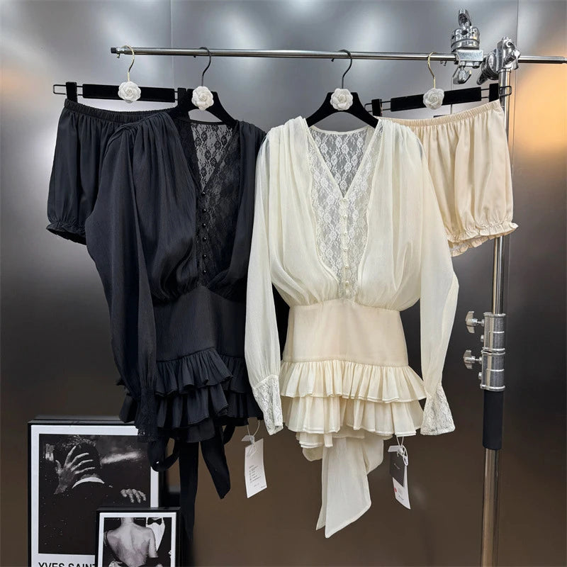 Autumn Winter New Fashion Lace Patchwork Ribbon Shirt Dress For Women High-end Elegant With Shorts Dress 11A07615