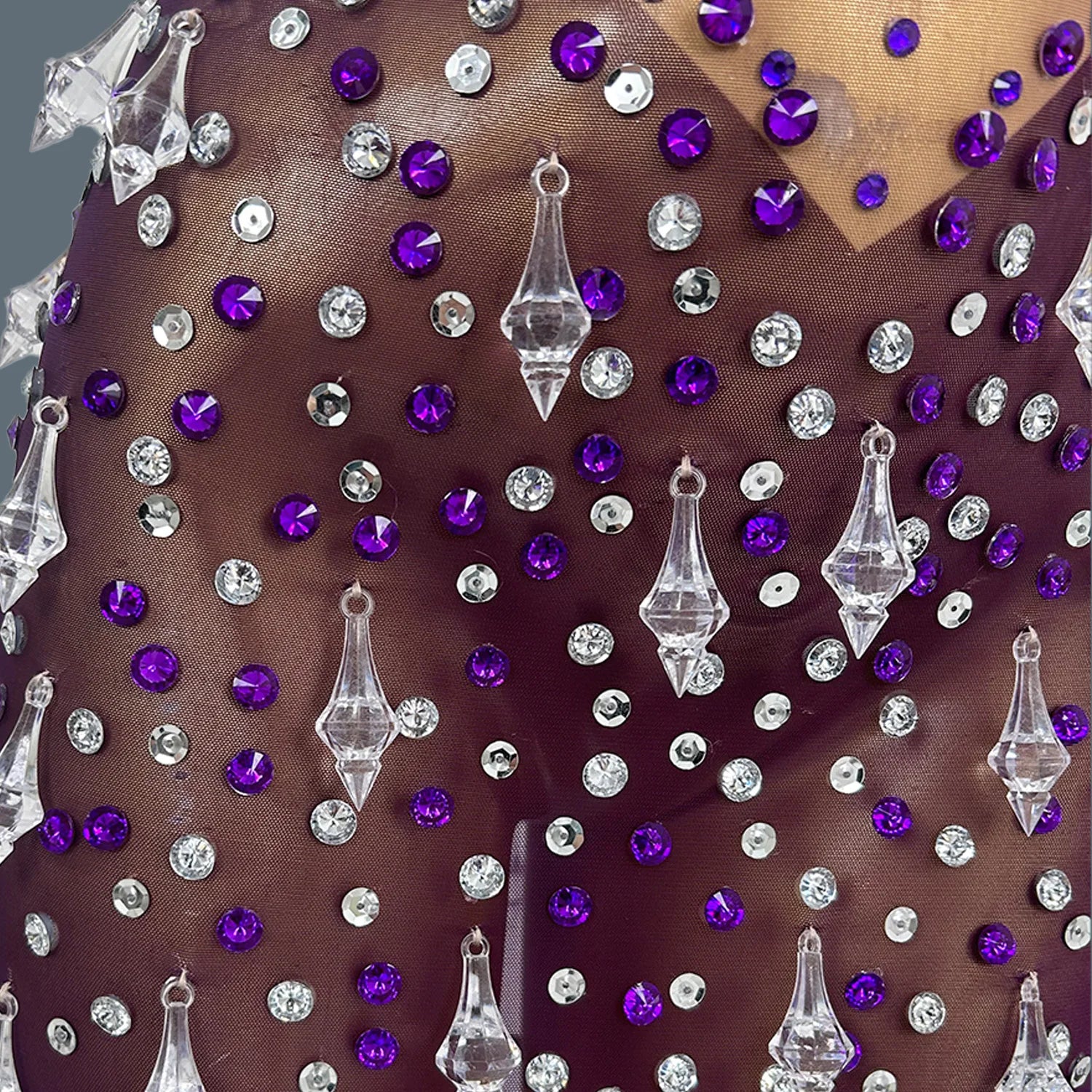 Purple Chic Dress Shine Rhinestone Crystals Sheer Mesh Hot Mini Dress Celebrate Party Wear Sheath Dress See Through Dress Shizhu