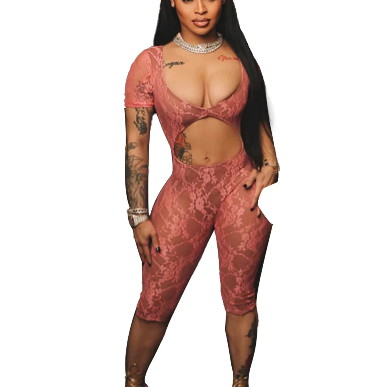 2024 Spring Short Sleeve Backless Women Lace Hollow Out Casual Rompers Playsuit Short Jumpsuits V-neck One Piece Outfits pink