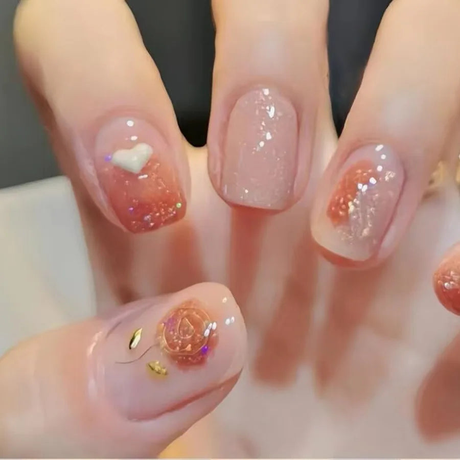 24pcs/set Medium Long fake nails for Spring summer beautiful flowers mushroom bees cute almond square tips press on false nails 2189