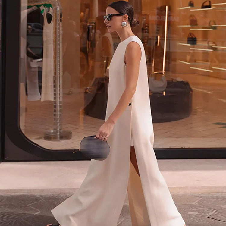 Elegant Sleeveless Button Split Midi Dress Women Summer Casual Round Neck Loose Vestidos Female Fashion High Street Beach Robes