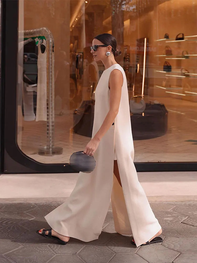 Elegant Sleeveless Button Split Midi Dress Women Summer Casual Round Neck Loose Vestidos Female Fashion High Street Beach Robes