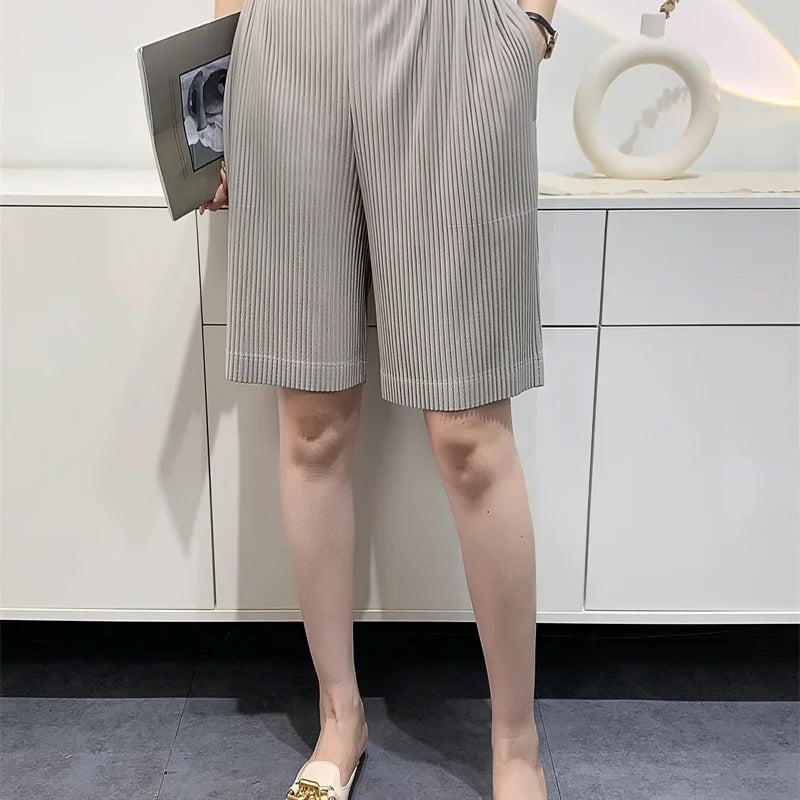 Miyake Pleated Spring Summer Loose Casual Wide-leg Five-quarter Pants High-waisted Versatile Straight Pleated Pants Women GRAY One Size