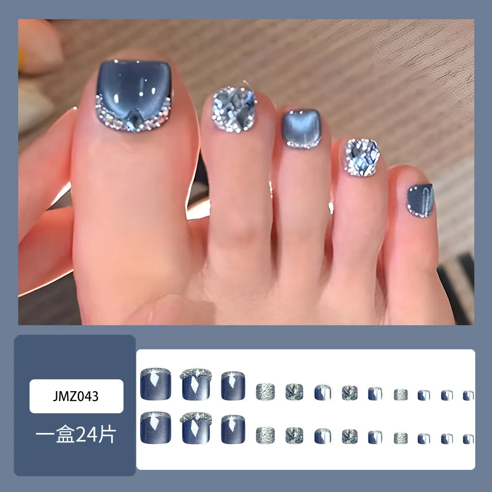 24pcs Blue Cat Eye False Toenails shiny Rhinestone Decor Fake Toenails Wearable Reusable Fashion Korean Press on Toenails 5