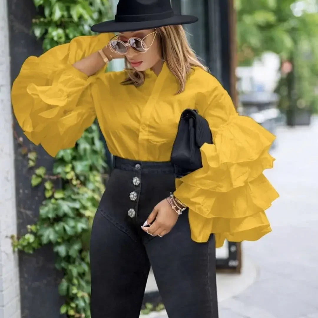 Women Shirts Solid Full Ruffles Sleeve Turn-down Collar Single Breasted Loose Shirts Office Lady Streetwear Summer Tops Yellow