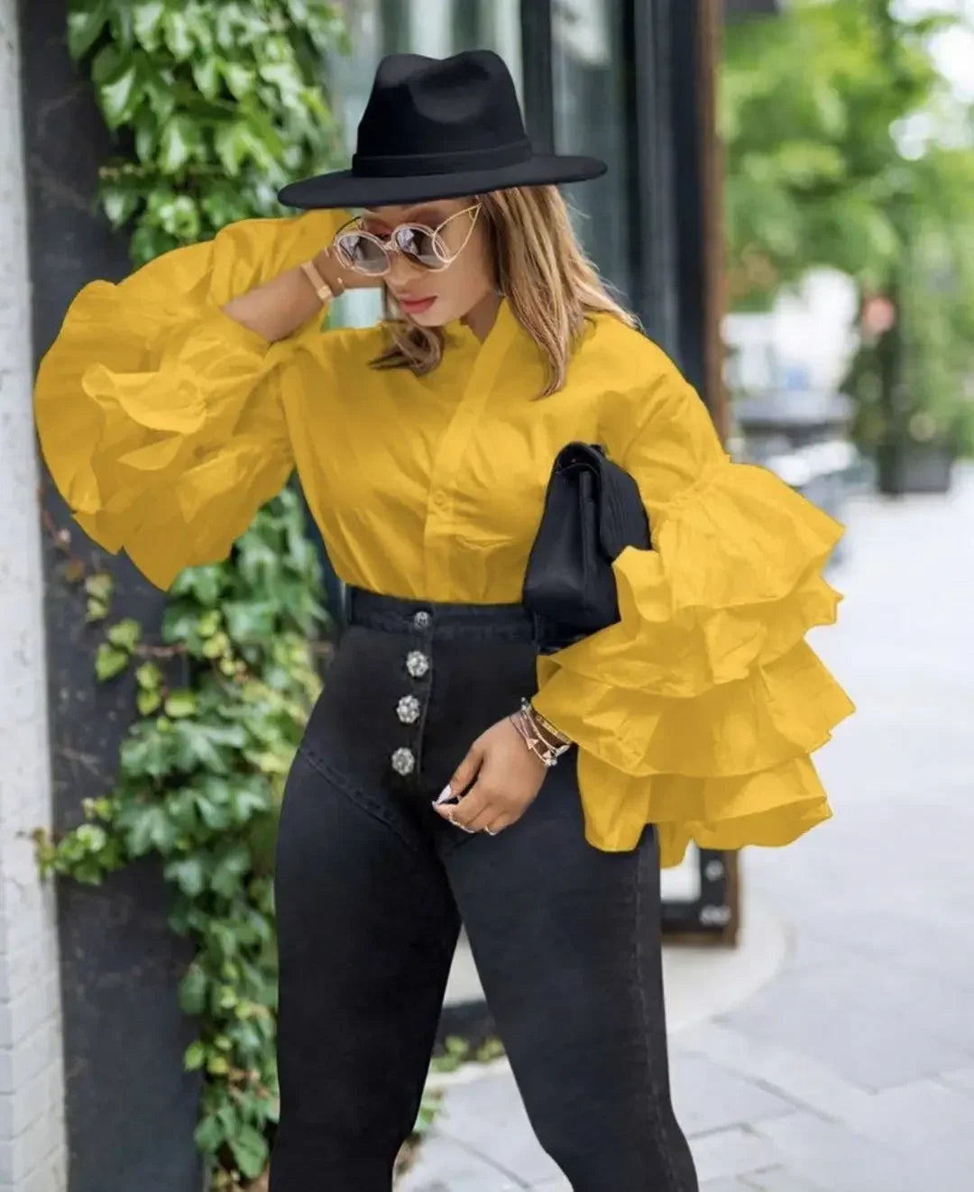 Women Shirts Solid Full Ruffles Sleeve Turn-down Collar Single Breasted Loose Shirts Office Lady Streetwear Summer Tops Yellow