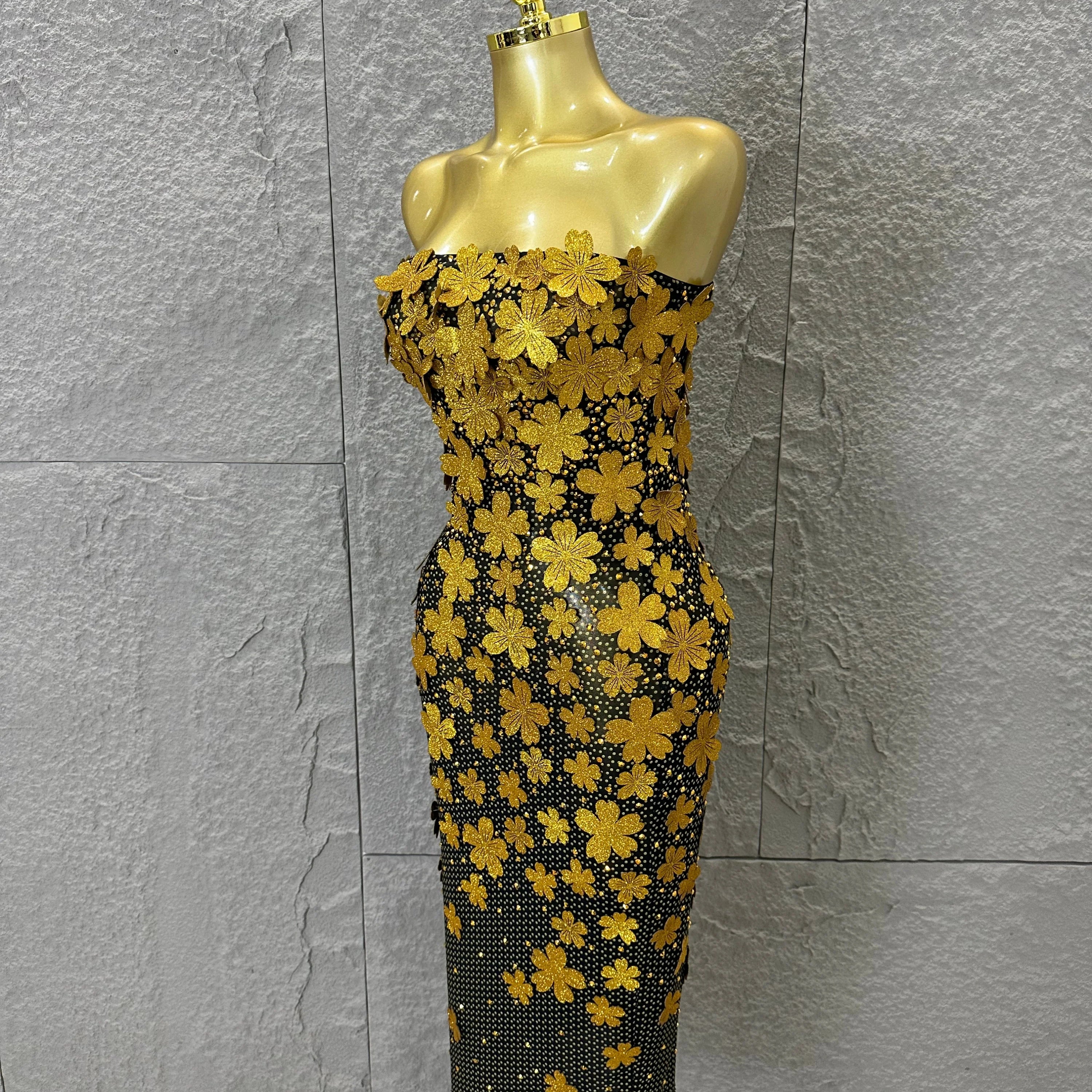 Sparkly Women Sexy Strapless Slim-fit 3D Flower Evening Gala Party Nightclub Cocktail Party Stage Performance Costume
