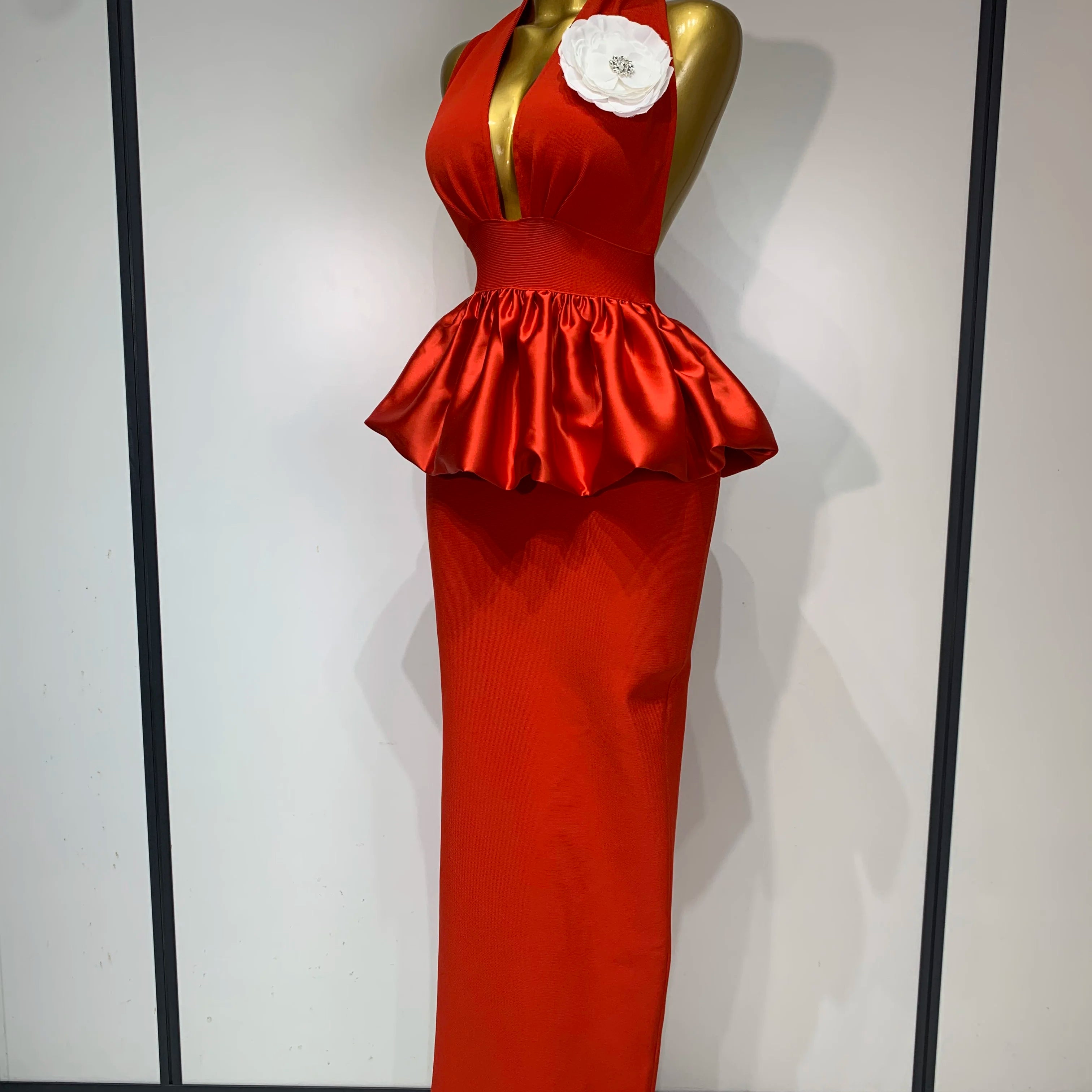 Women Sexy Backless Red Flower Maxi Long Bodycon Bandage Dress 2025 Celebrity Elegant Evening Party Nightclub Photo Shoot Dress