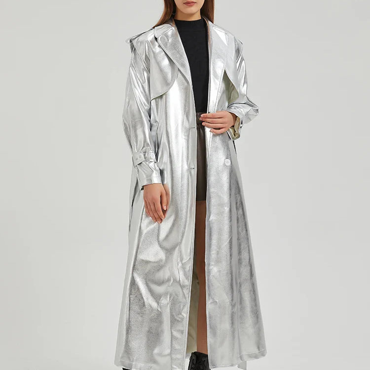 Autumn Extra Long Gold Shiny Patent Pu Leather Trench Coat for Women Single Breasted Luxury Designer Overcoat 2024
