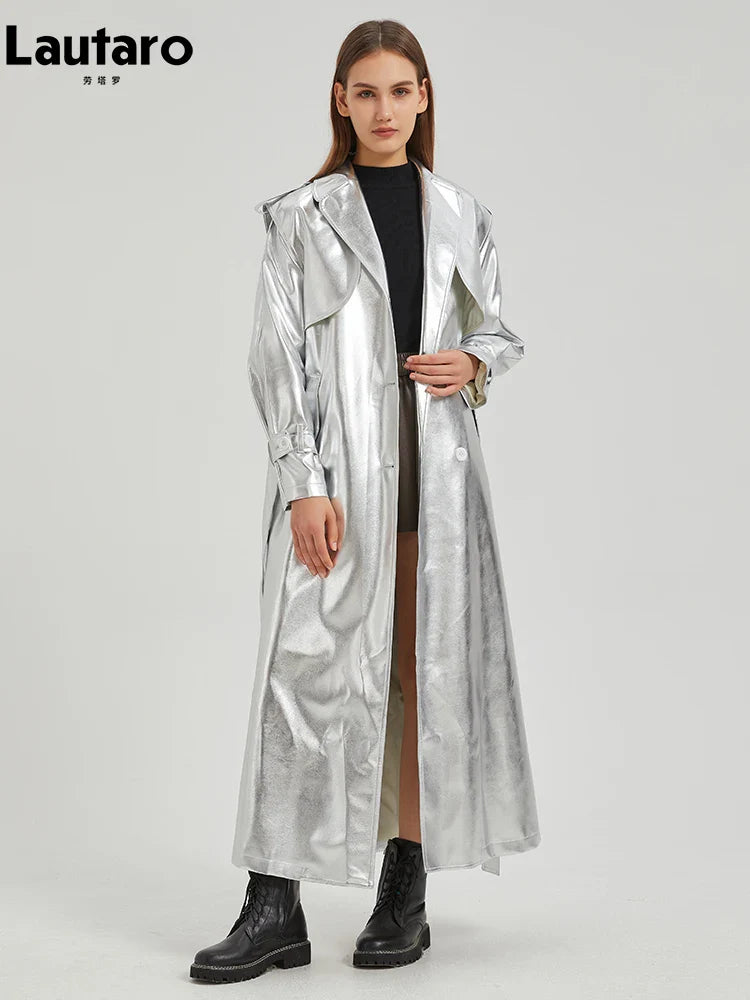 Autumn Extra Long Gold Shiny Patent Pu Leather Trench Coat for Women Single Breasted Luxury Designer Overcoat 2024