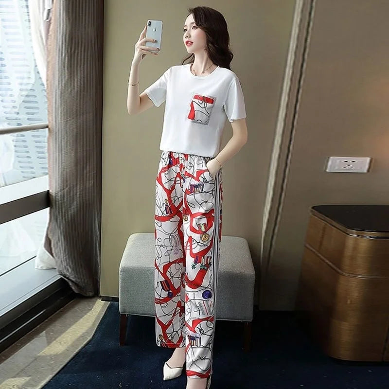 Women Casual Plus Size Clothing Suit 2025 Summer New Fashion Large Korean Short Sleeve Top Wide Leg Pants 2 Two Piece Set Female Style C