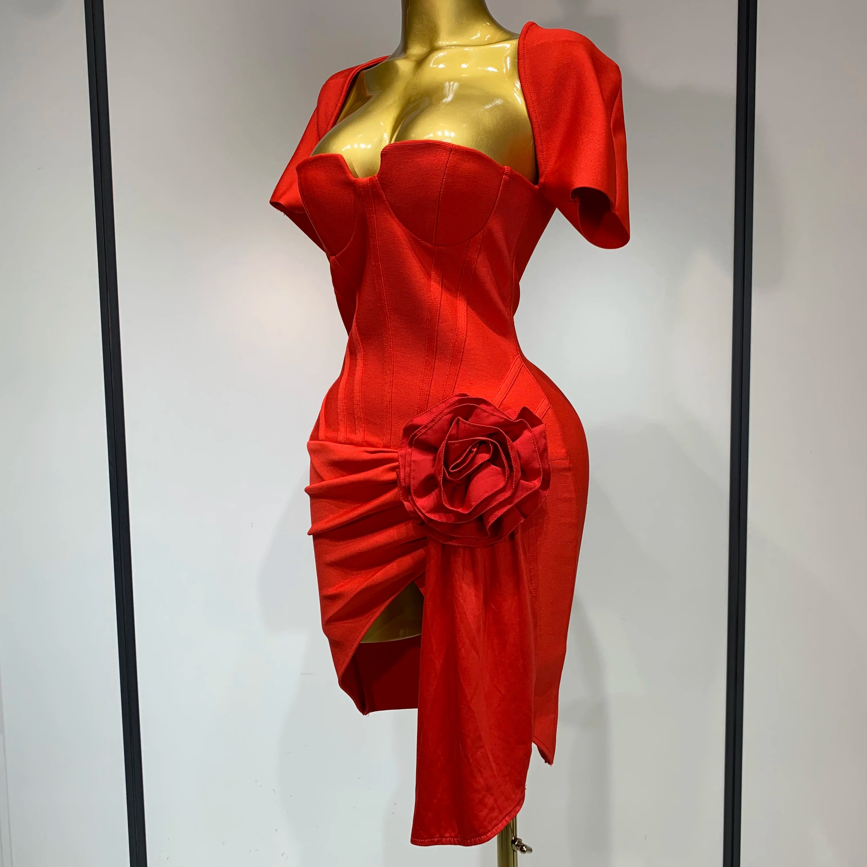 Women Sexy Short Sleeve Square Collar Bodycon Mini Bandage Dress Celebrity Red Carpet Dress Flower Luxury Birthday Outfit