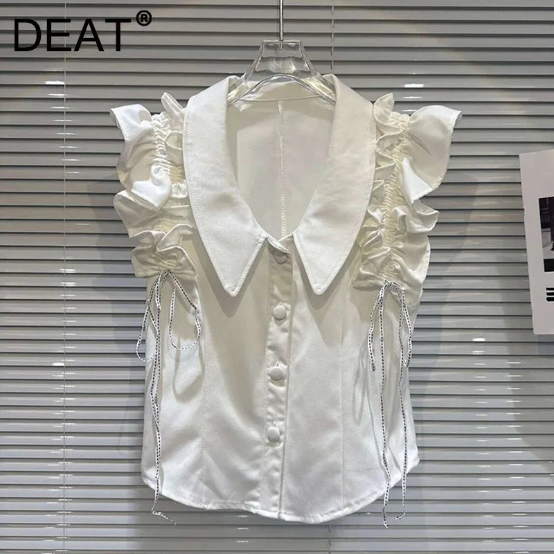 Spring New Sweet Temperament Ruffled Tie Sleeve Solid Color Tank Top For Women Versatile Single-breasted Vest 11A07933