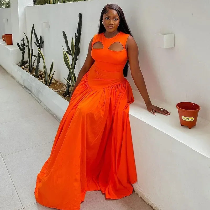 CM.YAYA 2024 Summer Sleeveless Sweet Cute O-Neck Hollow Out Slim Floor-Length Long Women Dress Beach Streetwear Maxi Dresses