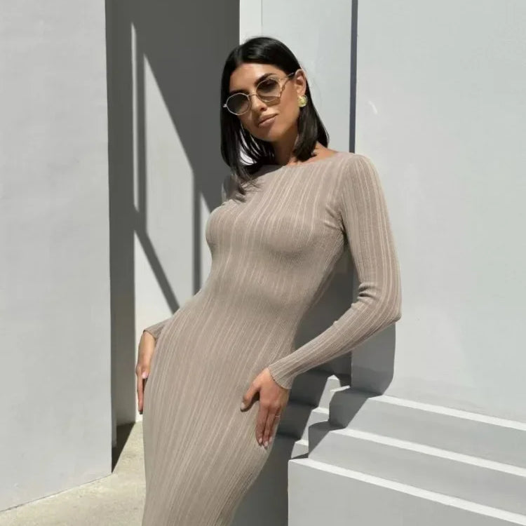 Women Spring Solid Maxi Long Sweater Dress Elegant Casual Fashion Pullover Bodycon Slim Streetwear Knitted Dress Autumn Khaki LYQ197