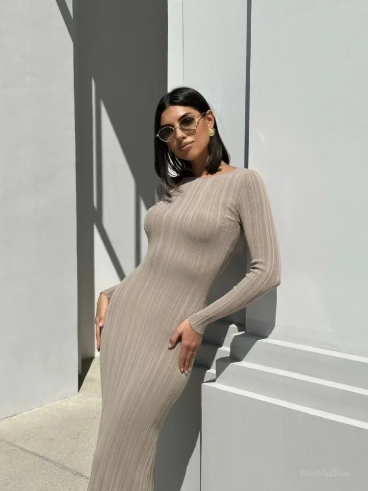 Women Spring Solid Maxi Long Sweater Dress Elegant Casual Fashion Pullover Bodycon Slim Streetwear Knitted Dress Autumn Khaki LYQ197