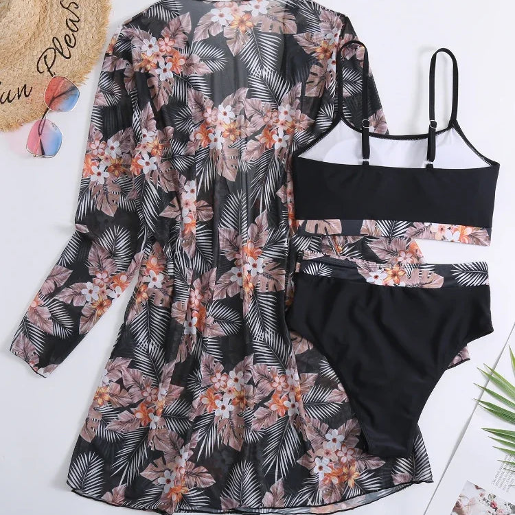 New 3 Pieces Set High Waist Bikini Women Swimsuit&Kimono Bandeau Swimwear Sexy Cover Ups Floral Beachwear Bathing Suit